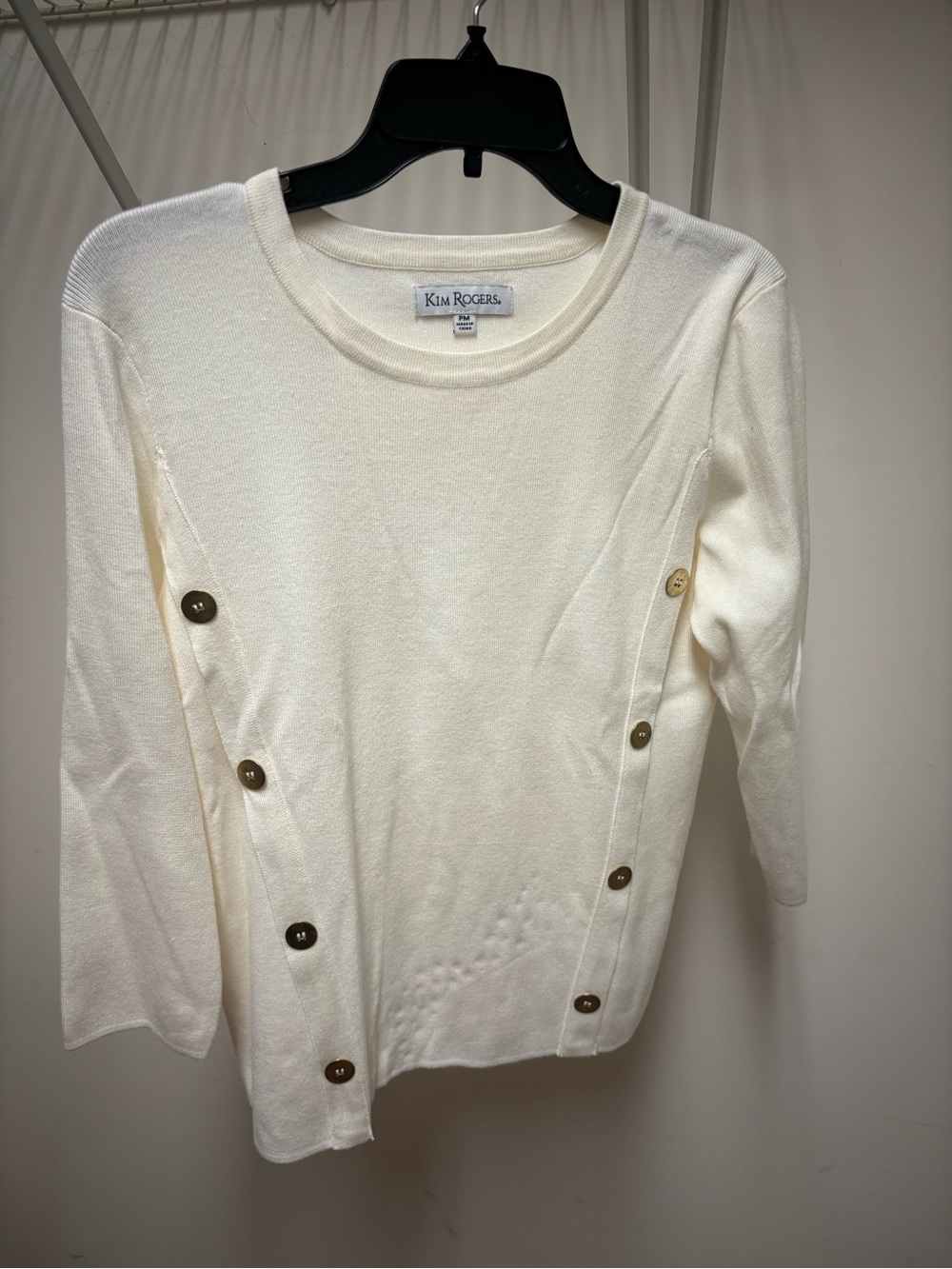 Kim Rogers Ivory Crewneck Sweater with Side Button Detail